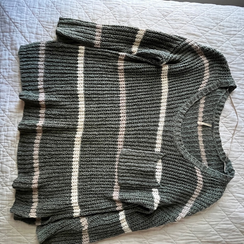 Free People Oversized Greenwich Village Green Striped Crew Neck Sweater, XS